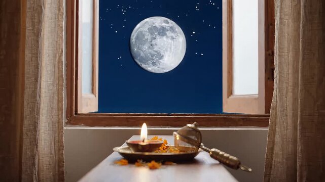 Karwa chauth ritual items with a full moon seen through window