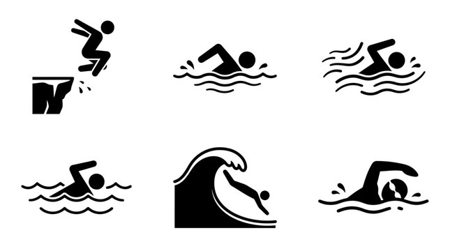 Set of black icons showing people swimming and diving in water for sports and activities