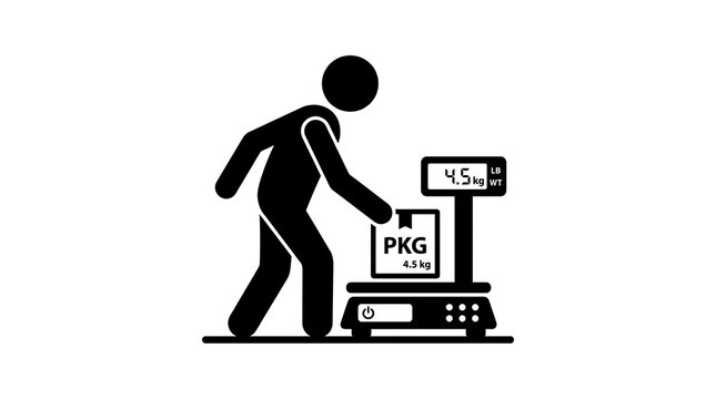 Person weighing a package on a digital scale, black silhouette on a white background