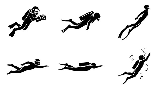 Set of black scuba diver icons representing swimming and underwater activities in water