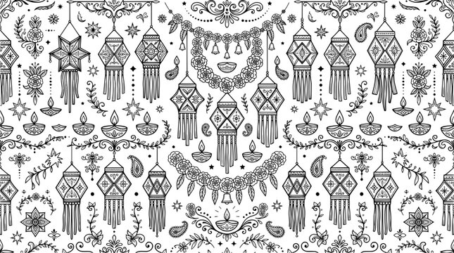 Black and white line art pattern featuring traditional indian diwali festival decorations
