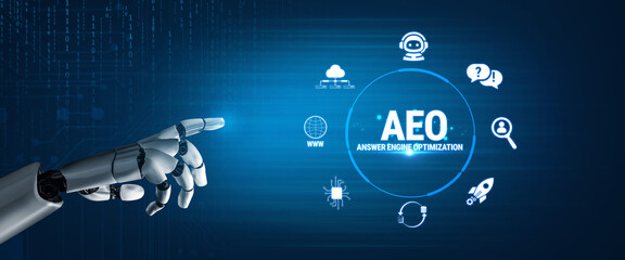 Naklejka premium Futuristic Robotic Hand Interacting with Digital Icons Representing Advanced Technologies and Concepts in a Tech-Inspired Background Fluxor.
