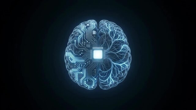 High-angle 3D animation of a human brain integrated with a central microchip and glowing circuit pathways on a black background.