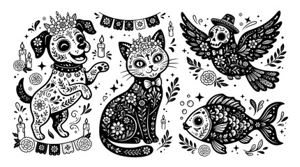 Fototapeta premium Day of the dead sugar skull animals black and white illustration set