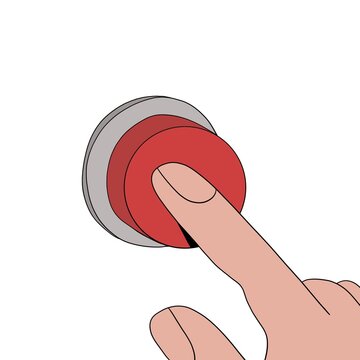 Flat illustration: a finger pressing a red button&mdash;urgent message, difficult decision.