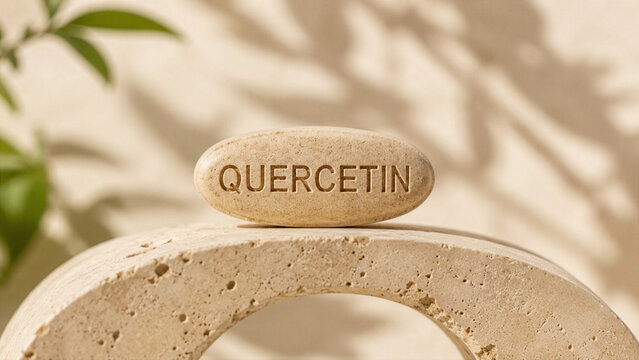 A round quercetin tablet rests on a stone sculpture. Shadows of plants can be seen around it in a well-lit area. The setting looks clean and simple, focusing on the tablet