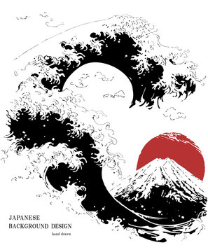 富士山と大波、初日の出を描いた伝統的な浮世絵風ベクターイラスト。年賀状や和風デザインのメインビジュアル素材。