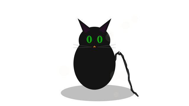 Halloween-themed glowing green-eyed black cat silhouette with tail, isolated on transparent background