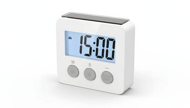 A modern white digital kitchen timer isolated on a clean white background.