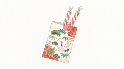 Fototapeta premium Watercolor chitose ame bag with auspicious motifs shichi go san illustration with copy space
