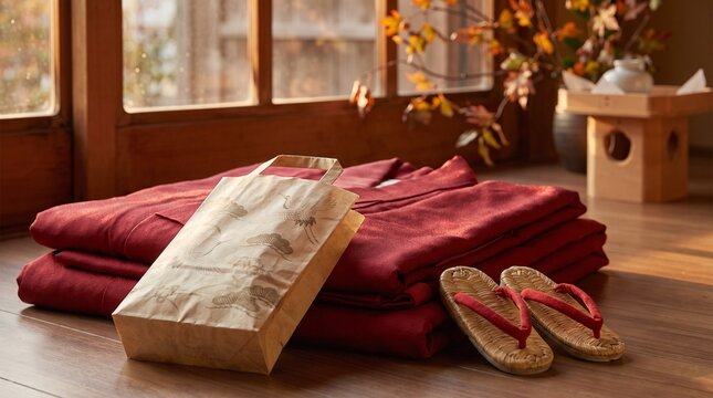 Chitose ame bag on red kimono with zori sandals shichi go san celebration scene photo no people