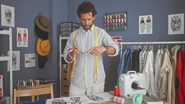 Man dressmaker measures fabric with a tape measure and checks smartphone, tape draped around neck beside sewing machine and garment rack in studio; focused creativity.