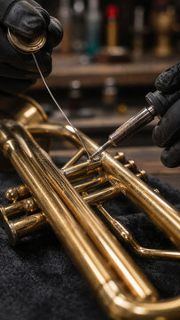 A person works on a brass trumpet at a music shop. They hold a tool and carefully make adjustments. The shop has various musical items in the background
