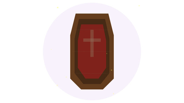 Halloween-themed red cross symbol coffin decoration with wooden frame, isolated on transparent background