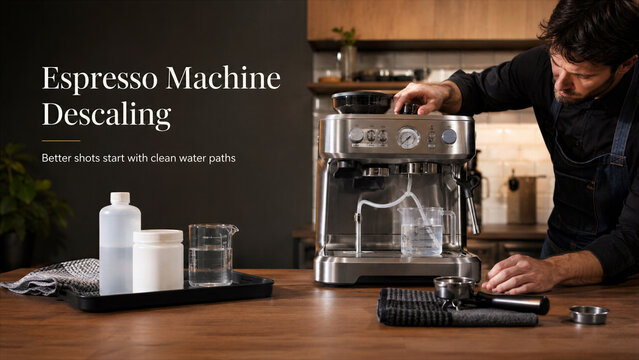 Person uses a cleaning solution and water to descale the espresso machine in a modern kitchen. The activity shows care for equipment and brewing quality