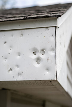 Close up of hail dents on an aluminum soffit panel