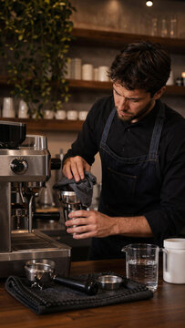 A barista stands at the coffee machine in a caf&eacute;, focusing on cleaning a metal cup. The caf&eacute; is filled with shelves and coffee-making tools