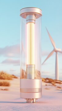 Modern Eco-Friendly Light Source with Wind Turbines in a Desert Landscape at Sunset