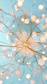 Abstract Interpretation of Cellular Structure with Glowing Elements on a Soft Blue Background