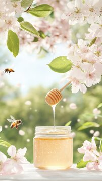 Beautiful Honey Jar Surrounded by Blossoming Flowers and Busy Bees in Springtime