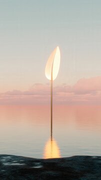 Contemporary Sculpture Reflecting Serenity at Sunrise Over Calm Waters