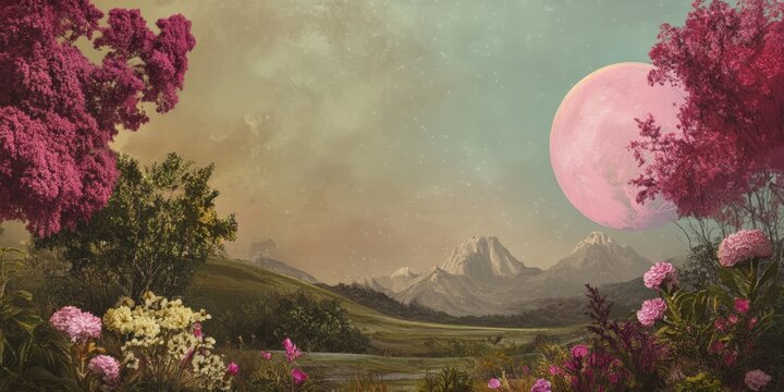 Enchanting Surreal Landscape with Vibrant Flora and a Mystical Moonlit Sky