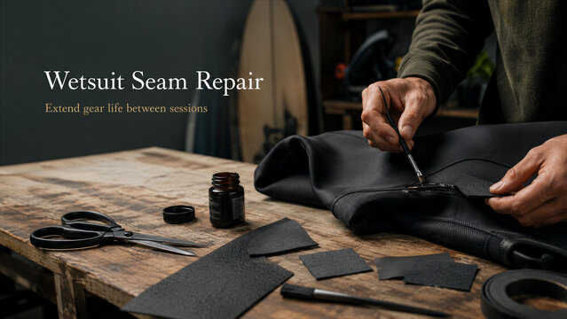 A person is working on repairing a wetsuit seam in a workshop. The table has tools, materials, and an unfinished wetsuit. It is likely a weekend afternoon