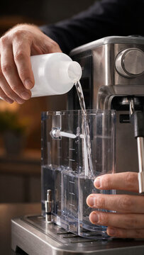 A person holds a bottle and pours water into a transparent container of a coffee machine. The kitchen is bright and organized. The activity occurs in the daytime