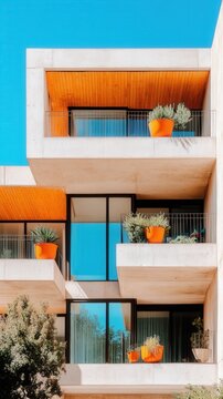 Stylish Modern Architecture with Balconies and Potted Plants Under Clear Blue Sky