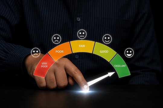 Hand adjusting satisfaction meter with smiley faces and color-coded scale on dark background