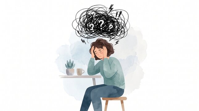Anxious woman at a table with a chaotic thought cloud, mental health struggle.