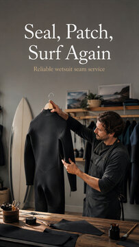 A man stands in a repair shop focused on a wetsuit. He inspects the garment closely. Surfboards are hung on the wall behind him. Wetsuit repair is the main task in this setting