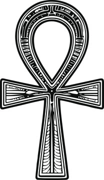 A single ancient Egyptian ankh symbol with elegant symmetrical geometry and subtle carved-line details, ultra clean vector line art, bold black outline only, thick stroke, single object, minimalist, c