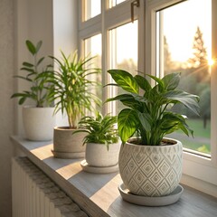 Fototapeta premium Potted green houseplants on a windowsill bathed in warm golden hour sunlight with soft bokeh background