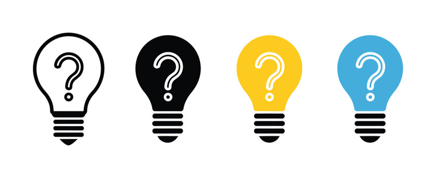 Light bulb question mark icon representing ideas, innovation, curiosity, problem solving creativity, knowledge and thoughtful decision making concepts