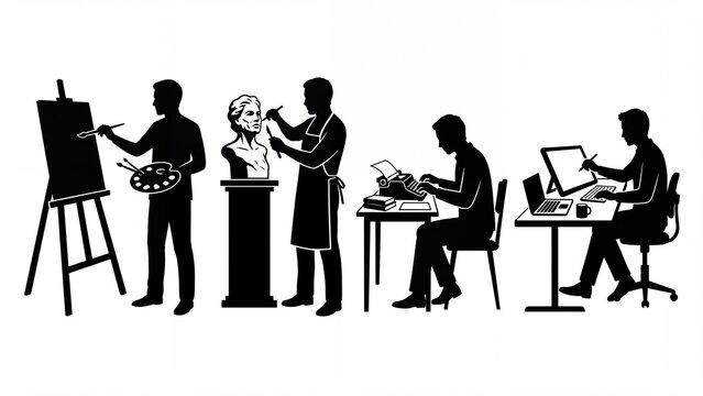 Silhouettes of creative professionals from traditional artists to modern digital creators representing the evolution of artistic and intellectual work