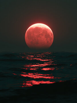 Red moon lunar eclipse ocean reflection night sky water horizon wave dark