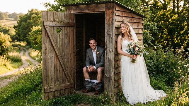 Bride and Groom in Outhouse