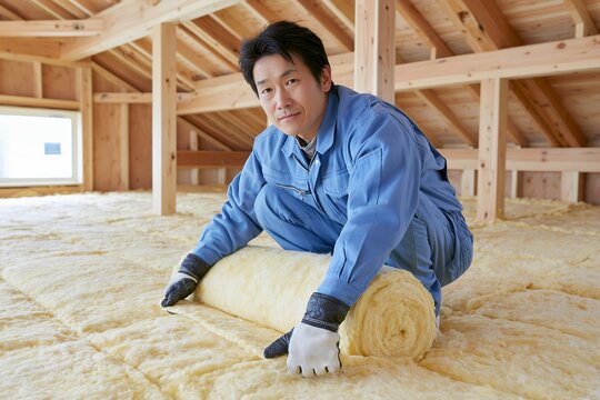 住宅の省エネリフォームで断熱材を敷き詰める日本人男性