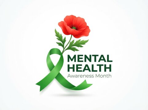 Green ribbon with a red flower design for the annual observance of world mental health day event