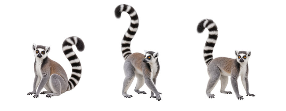 Three ring-tailed lemurs in different sitting, standing, and walking poses, showing distinctive black and white striped tails and natural body postures isolated on a white background.