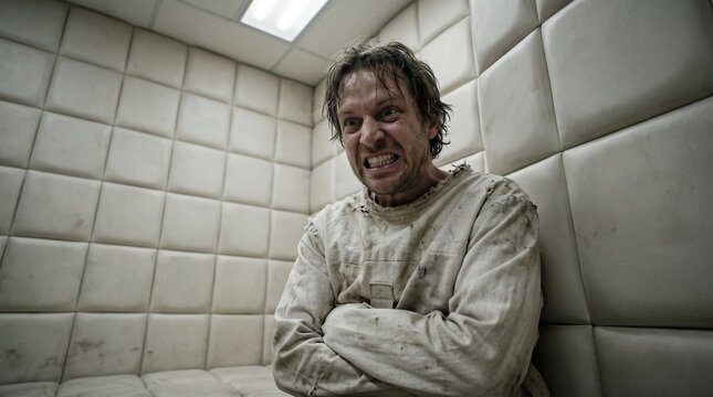 Distressed Man in Straitjacket Inside Padded Room