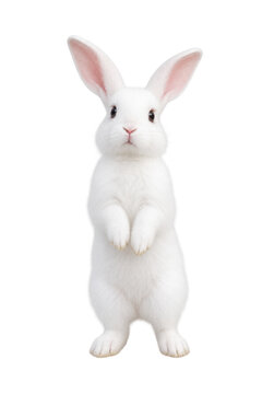 Cute white rabbit standing upright on its hind legs with front paws raised, isolated on a clean white background. Adorable bunny with soft white fur, long ears, pink nose, and curious expression, suit
