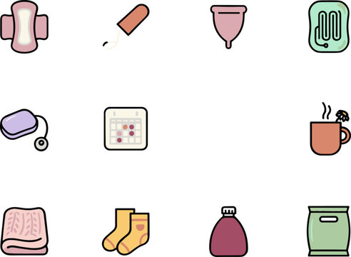 Menstrual hygiene and comfort items arranged in a grid with soft pastel colors