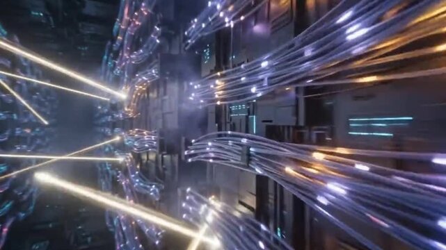Futuristic glowing data streams and light pulses moving through a high-tech server room network tunnel background