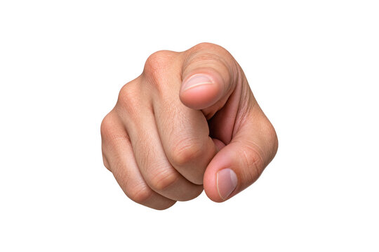 Close-up of a human hand pointing directly toward the viewer with an extended index finger, isolated on a clean white background.
