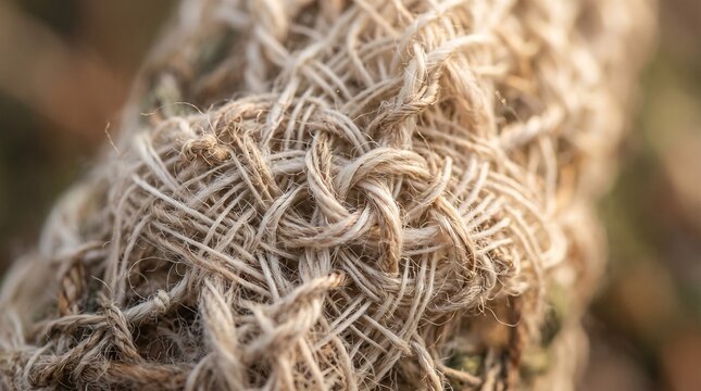 Macro view of tangled natural jute or sisal twine rope texture