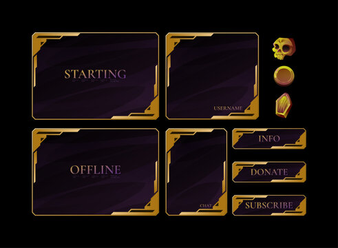 Fantasy gold Halloween game UI overlay set featuring ornate panels for starting, offline, chat, username, info, donate, and subscribe screens with skull, coin, and crystal reward icons.