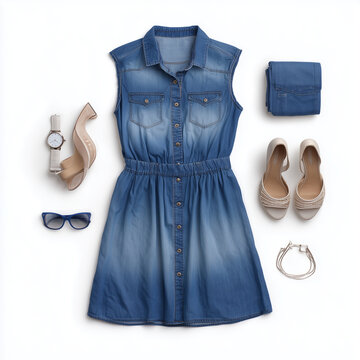 Flat lay set of women denim dress and accessories isolated on white background