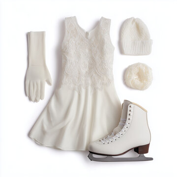 White figure skating dress with skates set isolated on white background